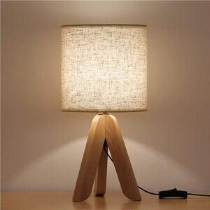HAITRAL Small Bedside Table Lamp - Wooden Tripod Nightstand Lamp for Bedroom
